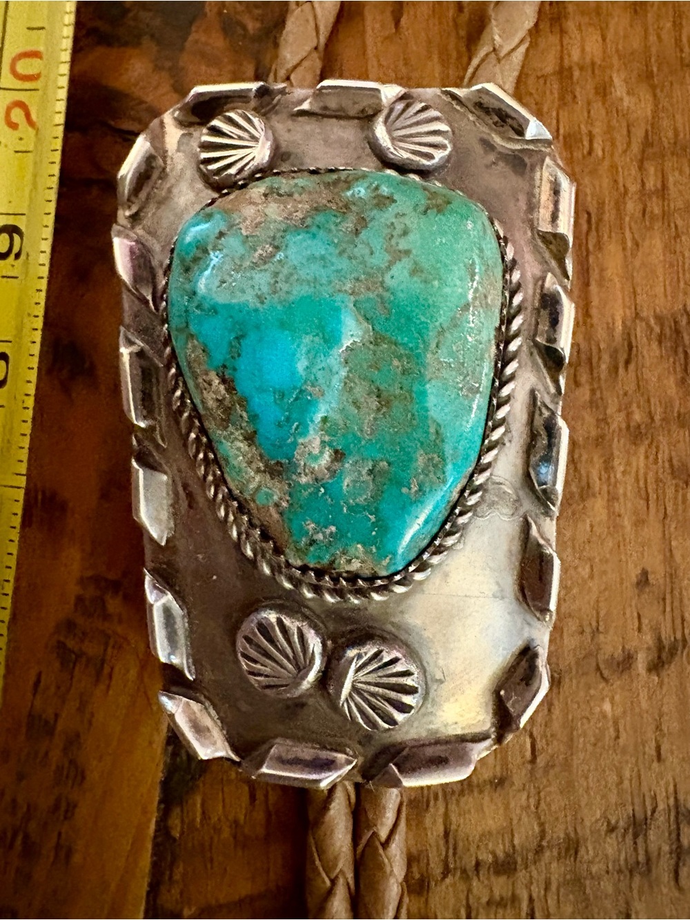 Vintage sterling silver Turquoise bolo tie braided leather cord & sterling tips